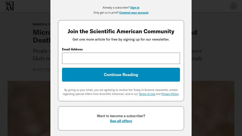 Screenshot of scientificamerican.com: Microplastics linked to heart attack, stroke and death