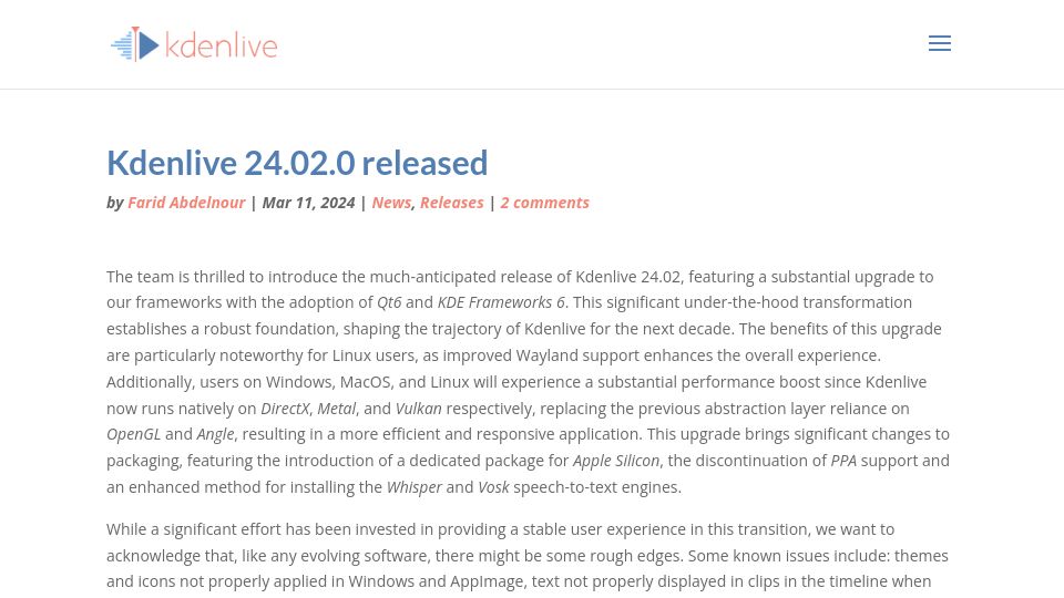 Screenshot of kdenlive.org: Kdenlive 24.02 open source video editor released
