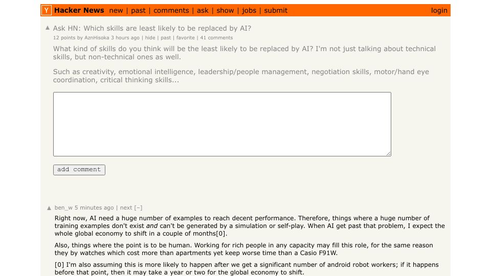 Screenshot of Hacker News post: Ask HN: Which skills are least likely to be replaced by AI?