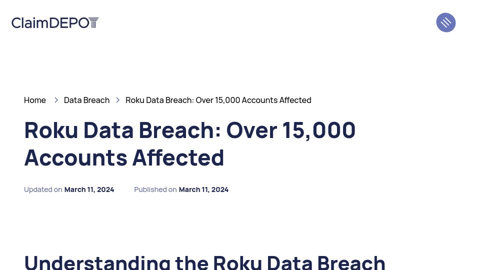 Screenshot of claimdepot.com: Roku data breach: Over 15k accounts affected