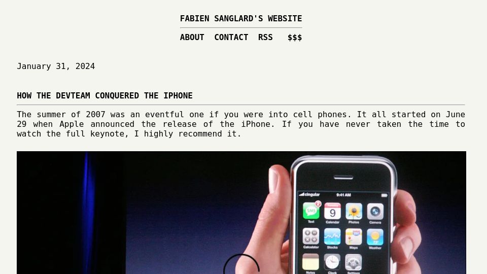 Screenshot of fabiensanglard.net: How the Devteam Conquered the iPhone