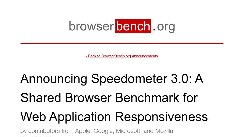 Screenshot of browserbench.org: Speedometer 3.0: A shared browser benchmark for web application responsiveness