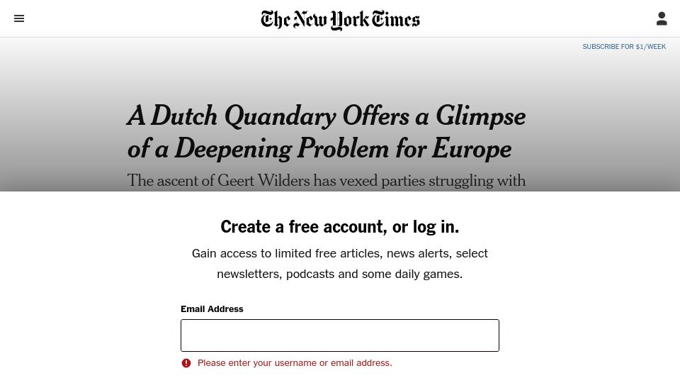 Screenshot of nytimes.com: A Dutch Quandary Offers a Glimpse of a Deepening Problem for Europe