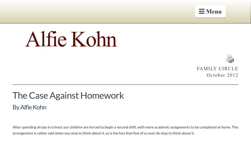 Screenshot of alfiekohn.org: The Case Against Homework