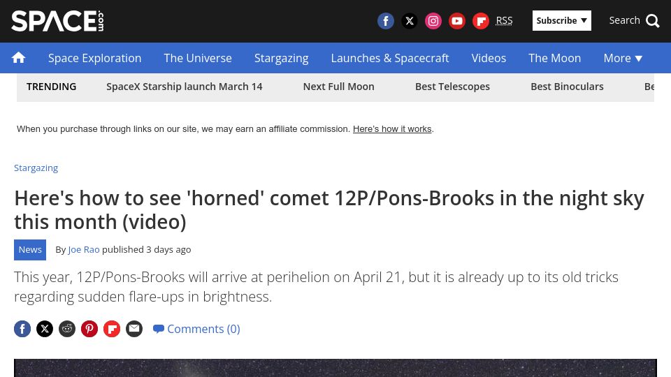 Screenshot of space.com: See 'horned' comet 12P/Pons-Brooks in the night sky