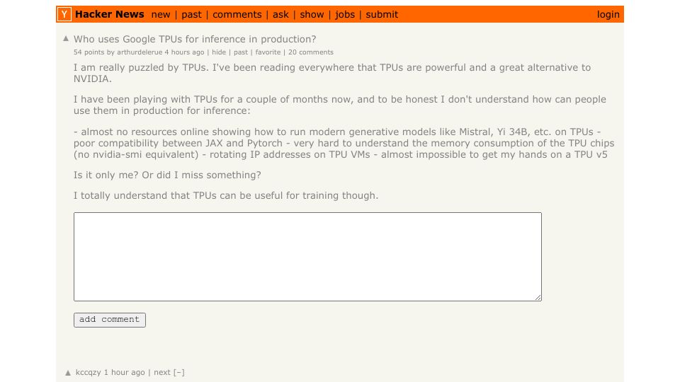 Screenshot of Hacker News post: Who uses Google TPUs for inference in production?