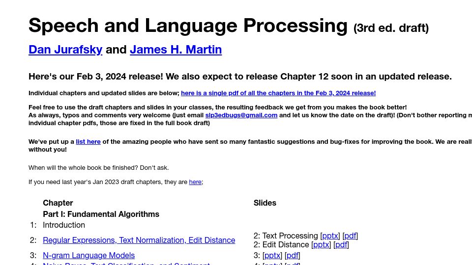 Screenshot of web.stanford.edu: Speech and Language Processing (3rd ed. draft)