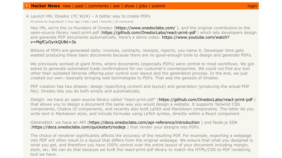 Screenshot of github.com: Launch HN: Onedoc (YC W24) – A better way to create PDFs