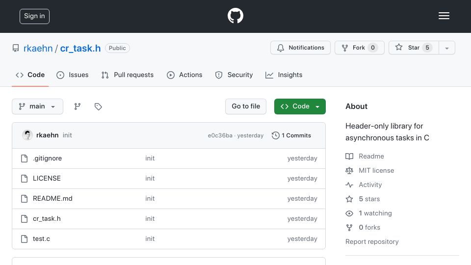 Screenshot of github.com: Show HN: Async tasks in 350 lines of C