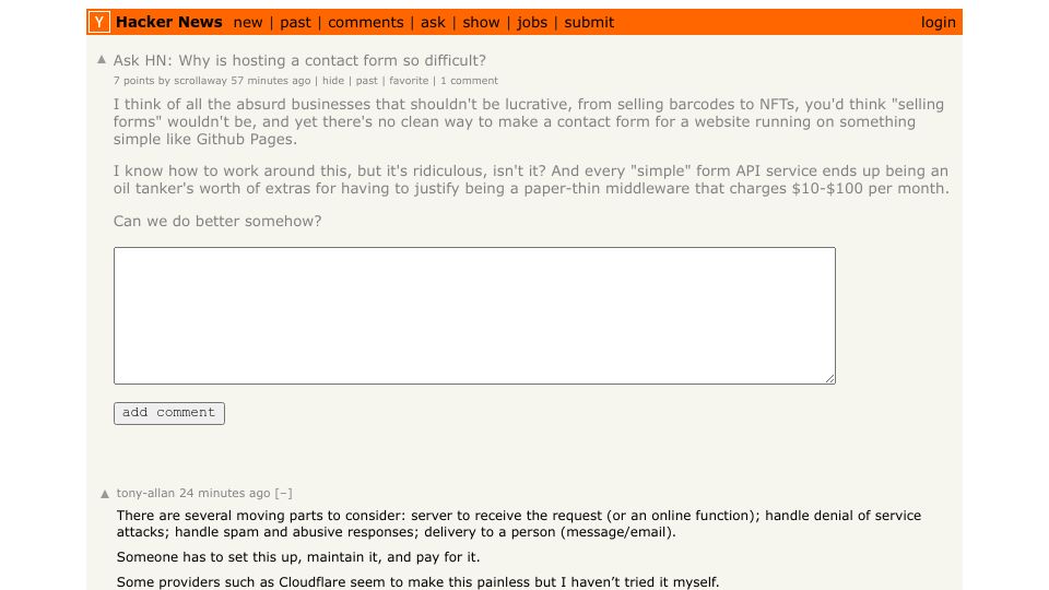 Screenshot of Hacker News post: Ask HN: Why is hosting a contact form so difficult?