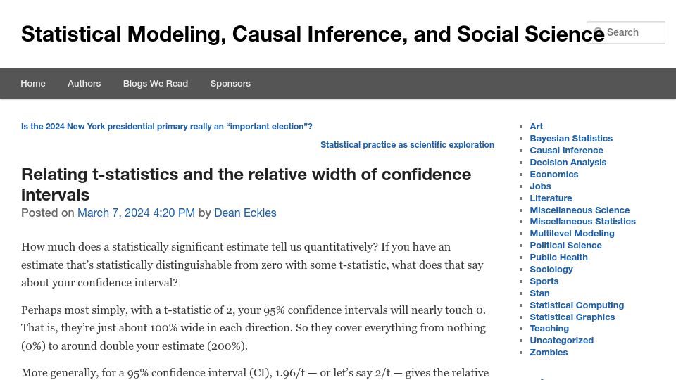 Screenshot of statmodeling.stat.columbia.edu: Relating t-statistics and the relative width of confidence intervals