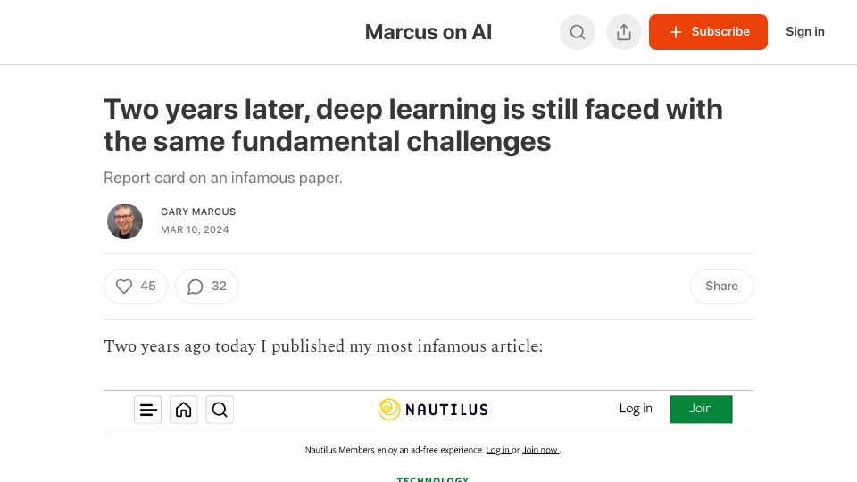 Screenshot of garymarcus.substack.com: Two years later, deep learning is still faced with the same basic challenges