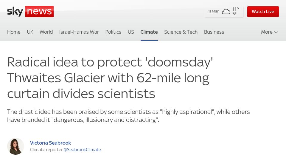 Screenshot of news.sky.com: Radical idea to protect 'doomsday' Thwaites Glacier with 62-mile long curtain