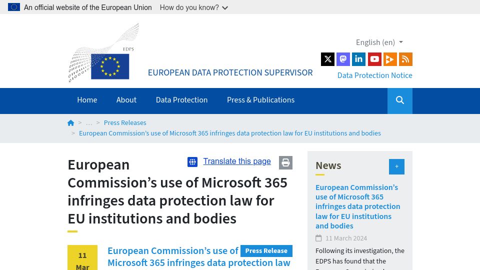 Screenshot of edps.europa.eu: European Commission's use of Microsoft 365 infringes data protection law for EU