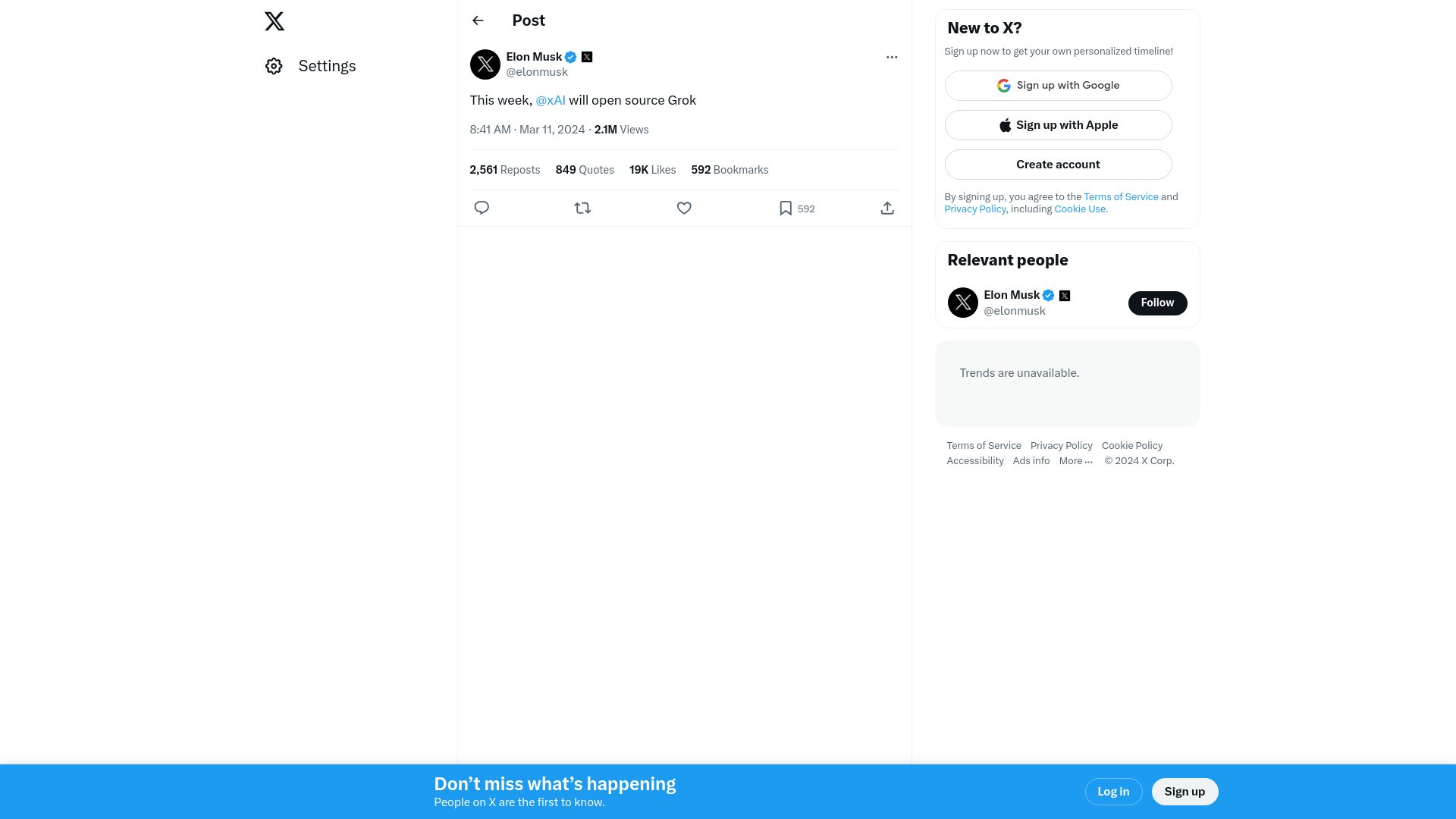 Screenshot of twitter.com: This week, xAI will open source Grok