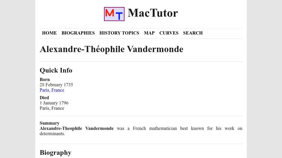 Screenshot of mathshistory.st-andrews.ac.uk: Alexandre-Théophile Vandermonde (2001)