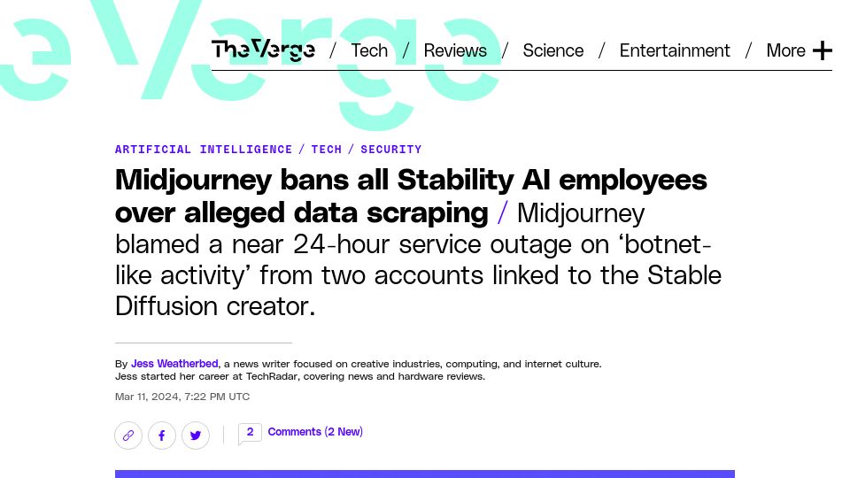 Screenshot of theverge.com: Midjourney bans all Stability AI employees over alleged data scraping