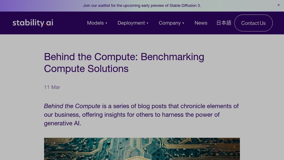 Screenshot of stability.ai: Intel Gaudi2 chips outperform Nvidia H100 on diffusion transformers