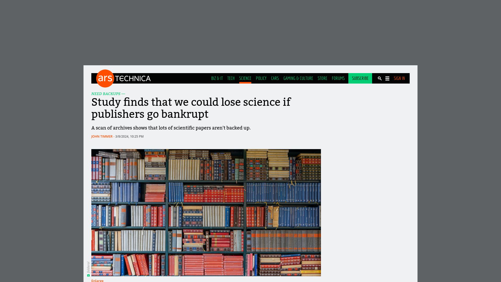 Screenshot of arstechnica.com: Study finds that we could lose science if publishers go bankrupt