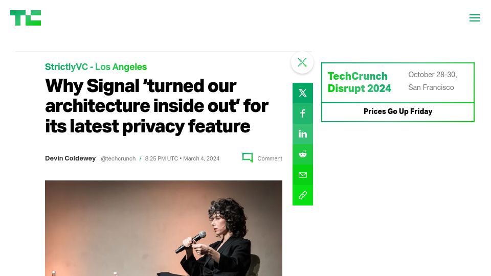 Screenshot of techcrunch.com: Why Signal 'turned our architecture inside out' for its latest privacy feature