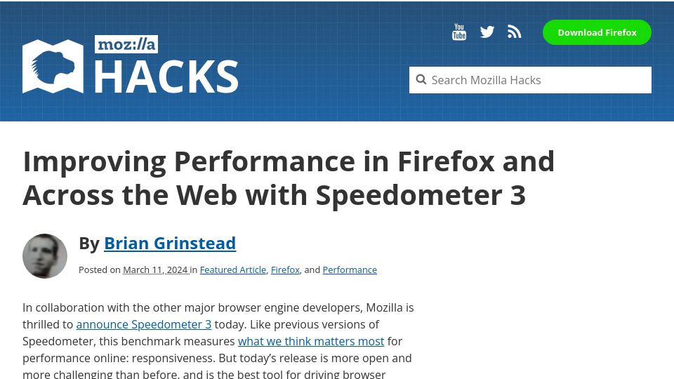 Screenshot of hacks.mozilla.org: Improving Performance in Firefox and Across the Web with Speedometer 3