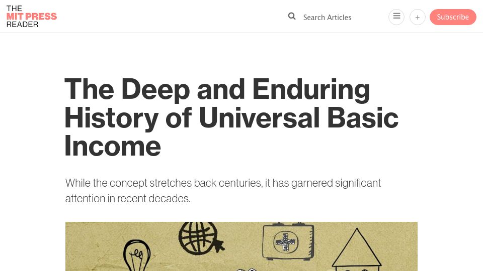 Screenshot of thereader.mitpress.mit.edu: The Deep and Enduring History of Universal Basic Income