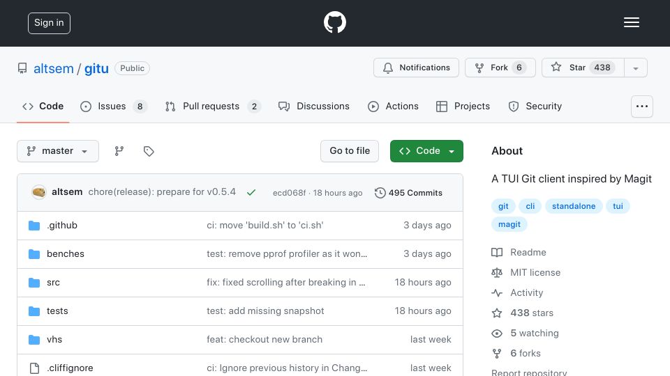 Screenshot of github.com: A TUI Git client inspired by Magit