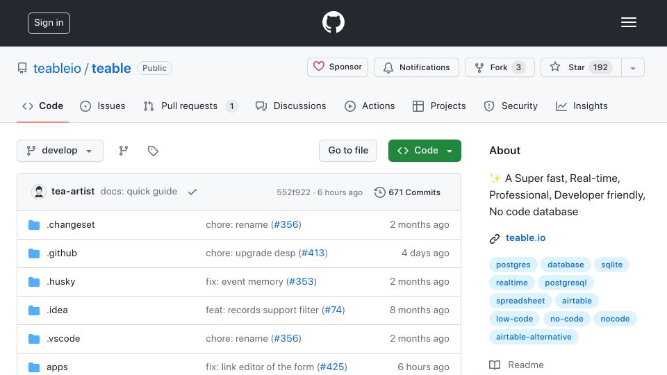 Screenshot of github.com: Show HN: Teable – Open-Source No-Code Database Fusion of Postgres and Airtable