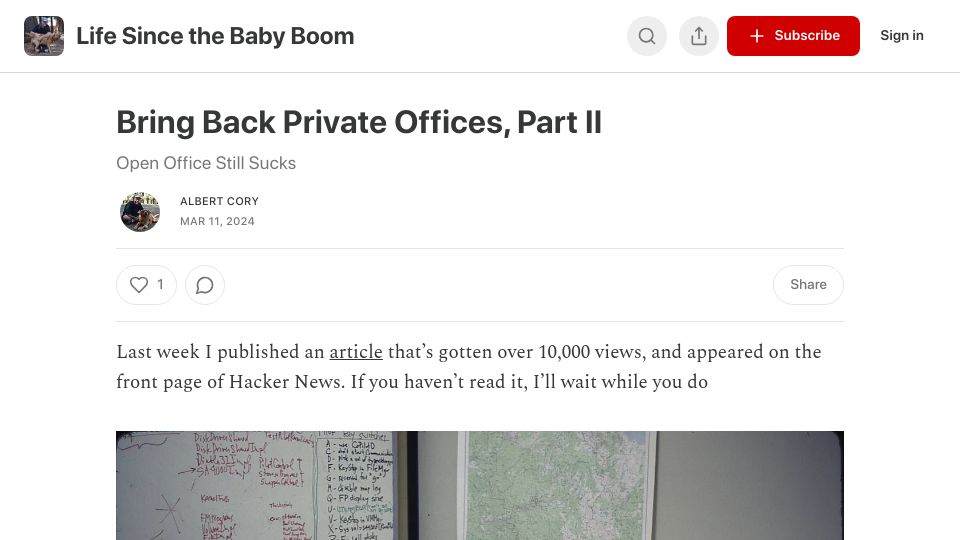 Screenshot of albertcory50.substack.com: Bring Back Private Offices, Part II