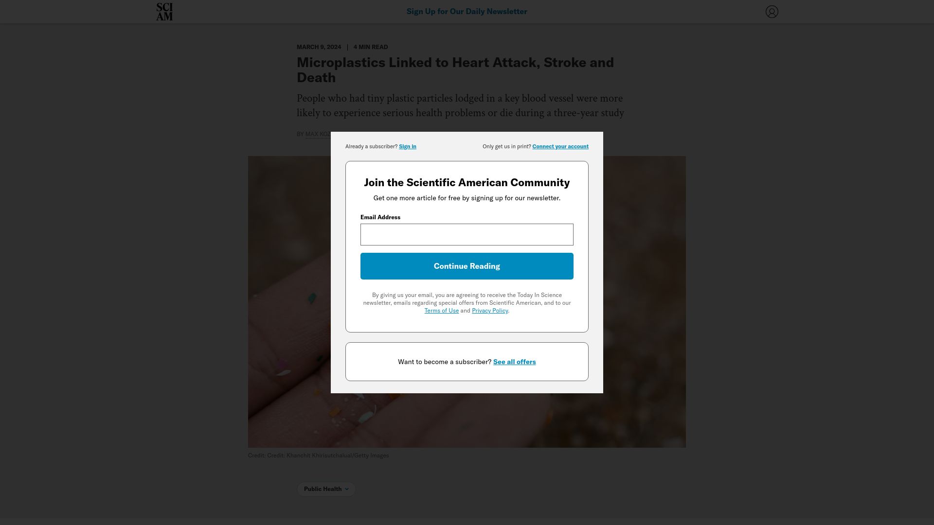 Screenshot of scientificamerican.com: Microplastics linked to heart attack, stroke and death