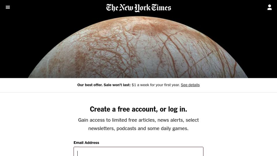 Screenshot of nytimes.com: Jupiter's ocean moon Europa, thought to be habitable, may be oxygen-starved