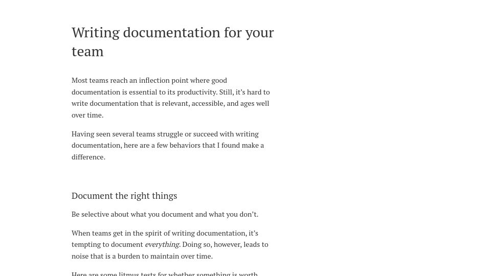 Screenshot of shubhro.com: Writing Documentation for Your Team