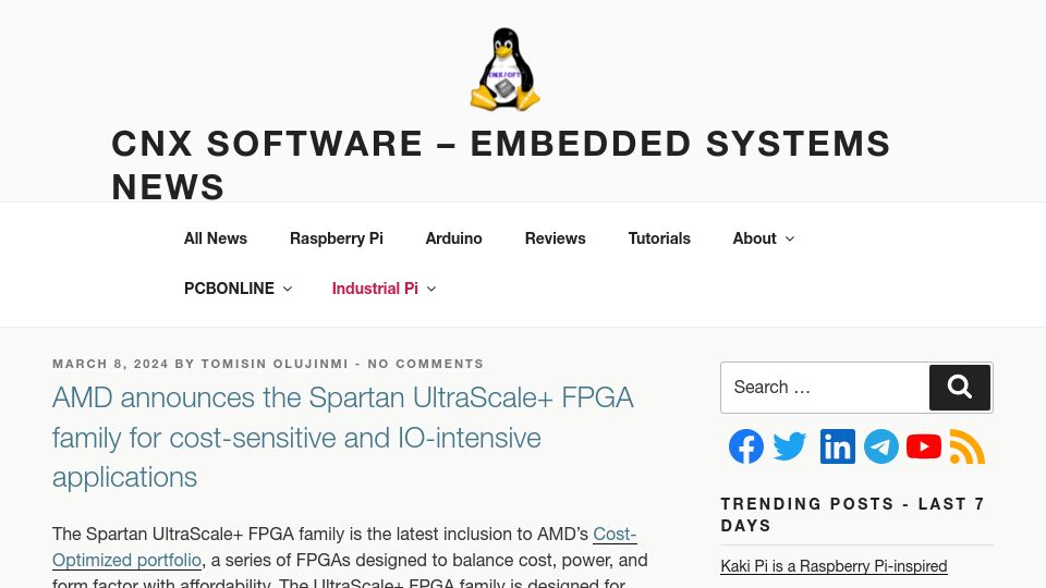 Screenshot of cnx-software.com: AMD announces the Spartan UltraScale+ FPGA family