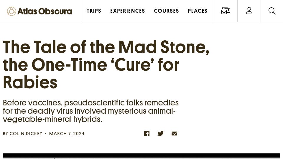 Screenshot of atlasobscura.com: The Mad Stone, the One-Time 'Cure' for Rabies