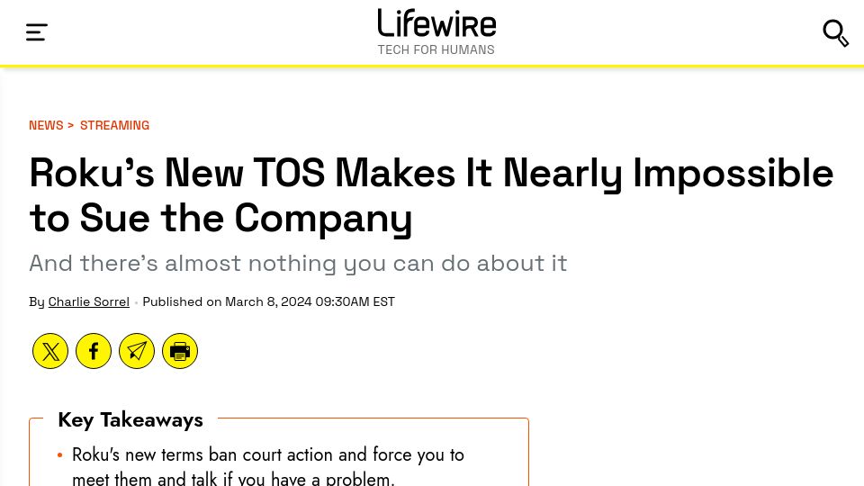 Screenshot of lifewire.com: Roku's New TOS Makes It Nearly Impossible to Sue the Company