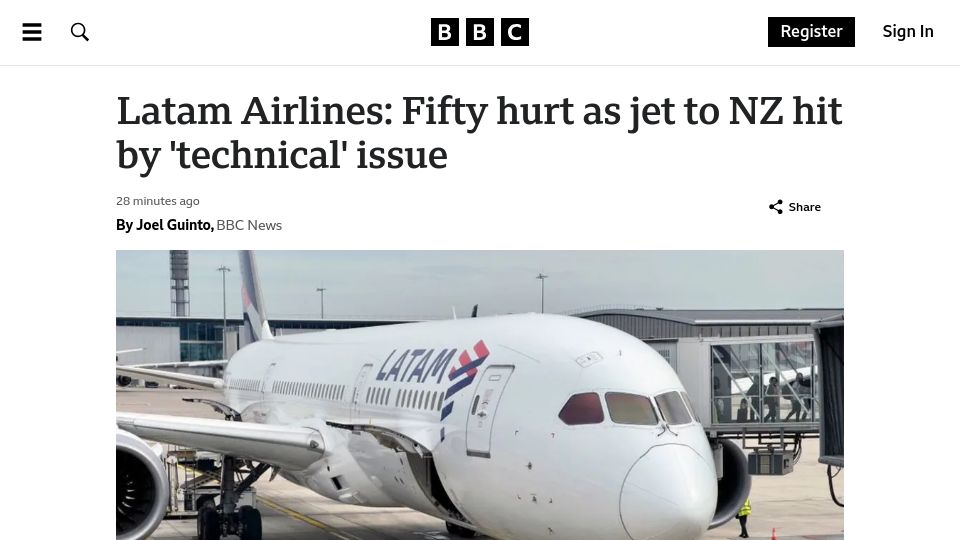Screenshot of bbc.com: Latam Airlines: 12 treated in New Zealand after mid-air 'technical' issue