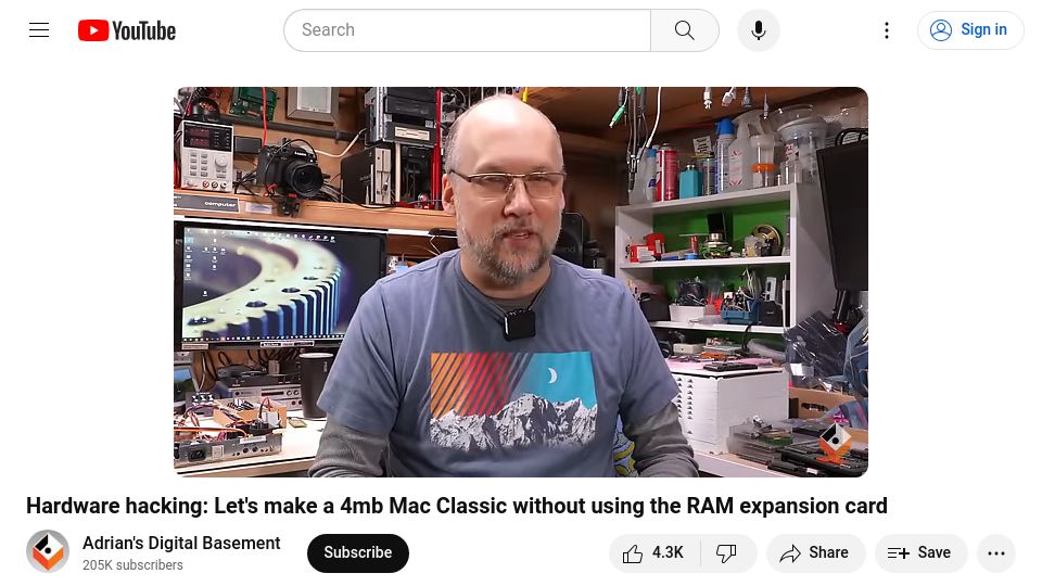 Screenshot of youtube.com: Let's give the Mac Classic 4 megs of RAM [video]