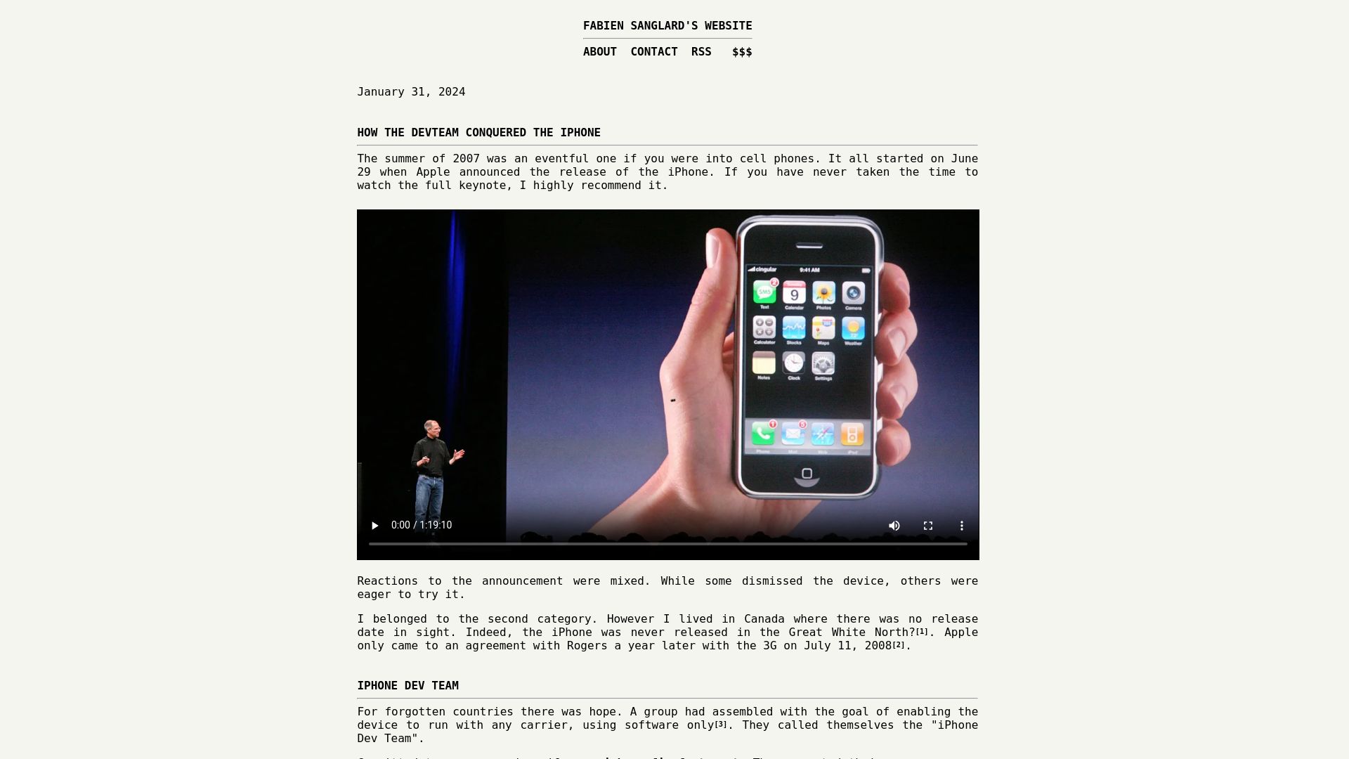 Screenshot of fabiensanglard.net: How the Devteam Conquered the iPhone