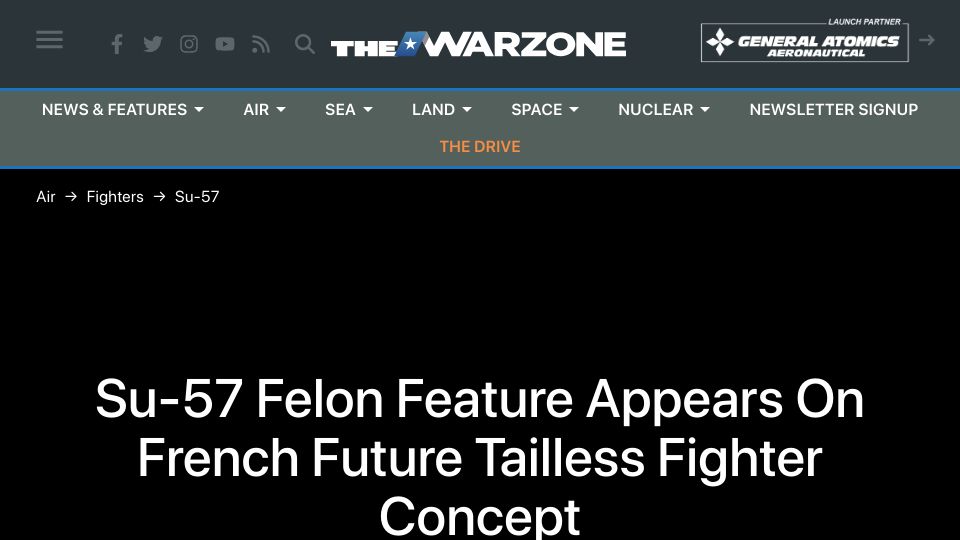 Screenshot of twz.com: Su-57 Felon Feature Appears on French Future Tailless Fighter Concept