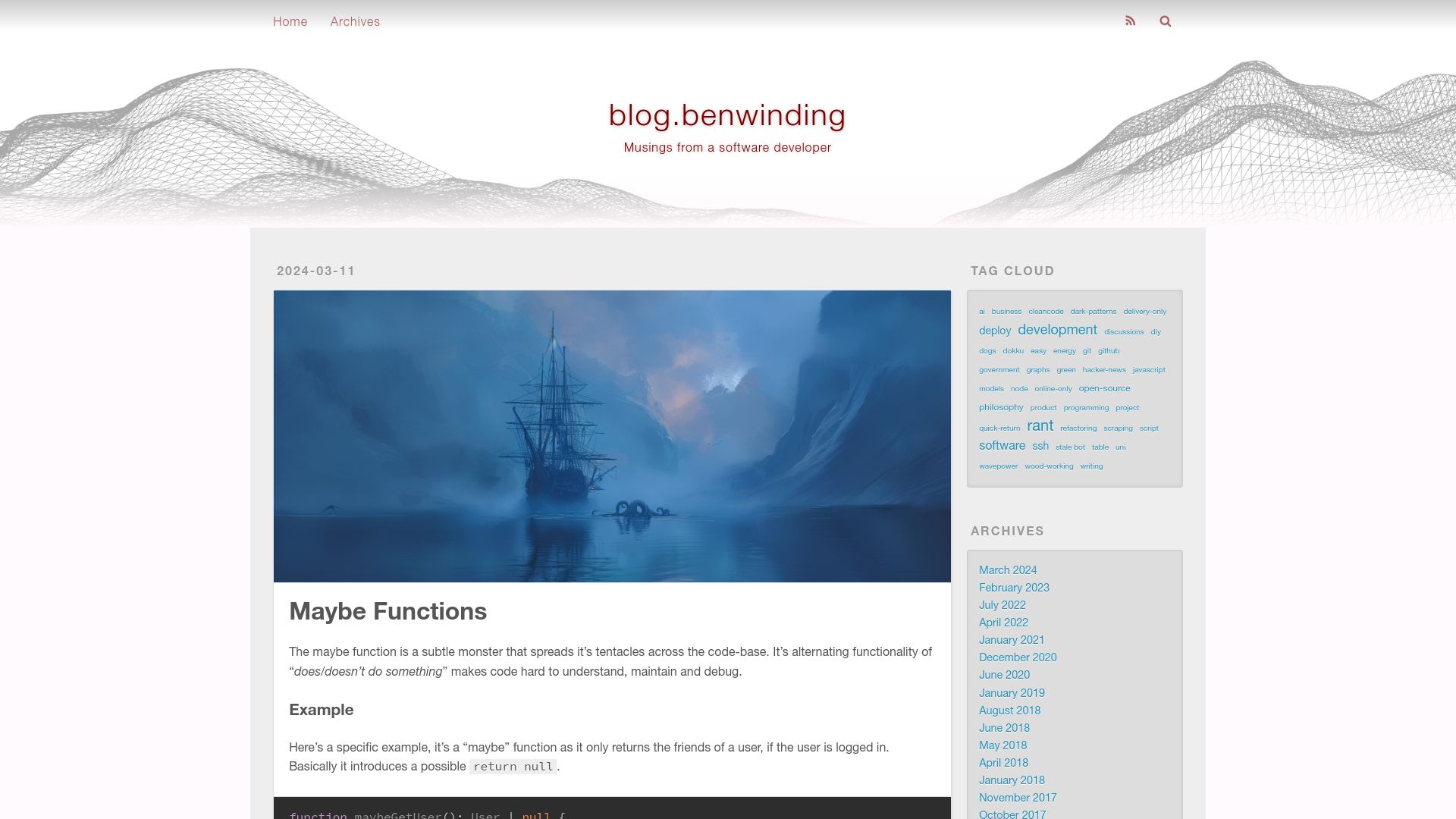 Screenshot of blog.benwinding.com: Maybe Functions