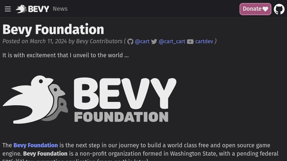 Screenshot of bevyengine.org: The Bevy Foundation