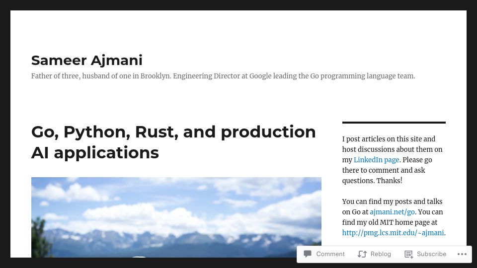 Screenshot of ajmani.net: Go, Python, Rust, and production AI applications