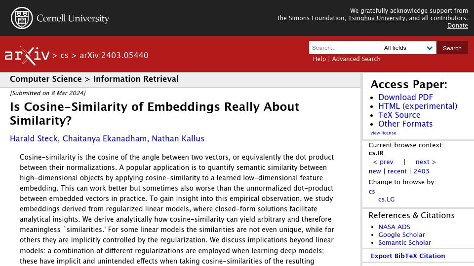 Screenshot of arxiv.org: Is Cosine-Similarity of Embeddings Really About Similarity?