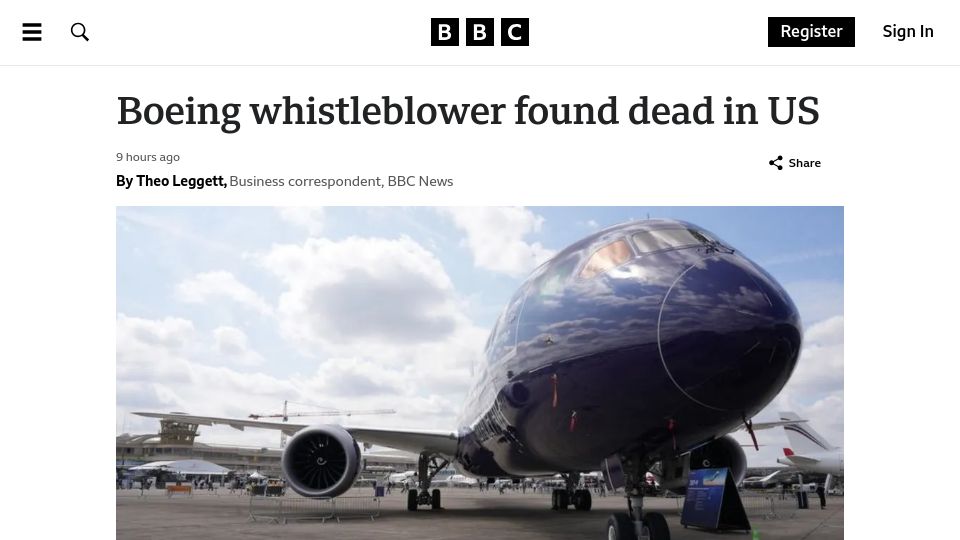 Screenshot of bbc.com: Boeing whistleblower found dead in US