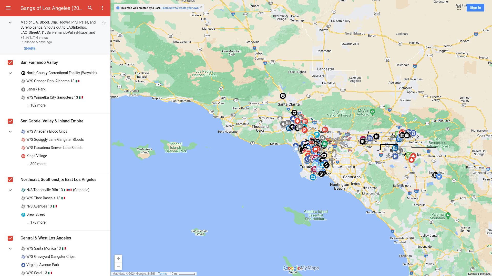 Screenshot of google.com: Gangs of Los Angeles Map (2024)