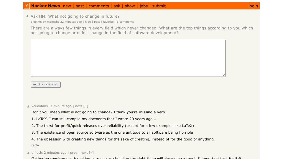 Screenshot of Hacker News post: Ask HN: What not going to change in future?