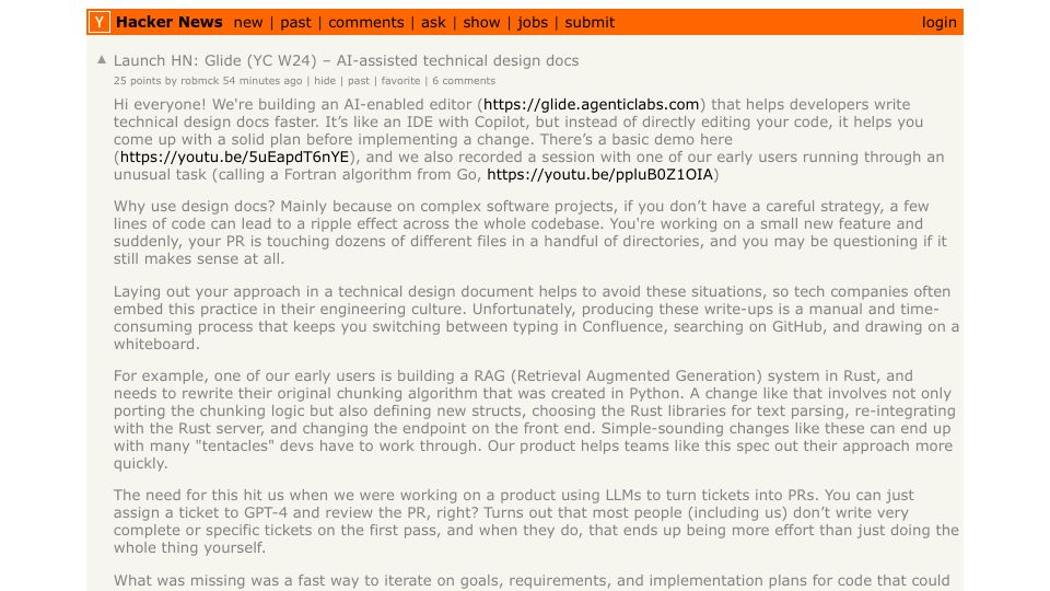 Screenshot of Hacker News post: Launch HN: Glide (YC W24) – AI-assisted technical design docs