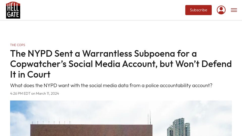 Screenshot of hellgatenyc.com: The NYPD sent a warrantless subpoena for a copwatcher's Twitter account