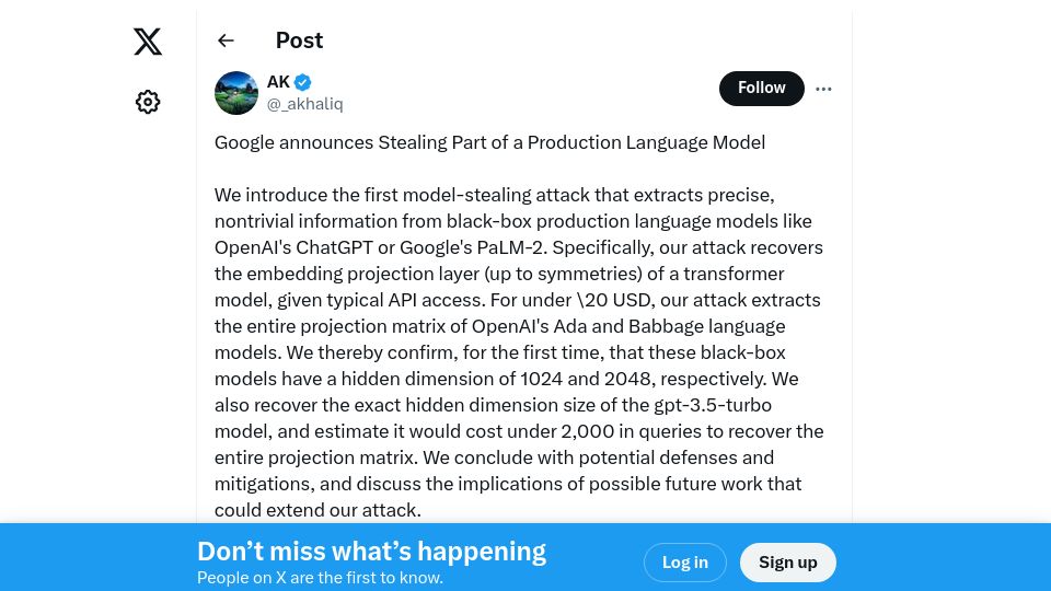Screenshot of twitter.com: Google Announces Stealing Part of a Production Language Model