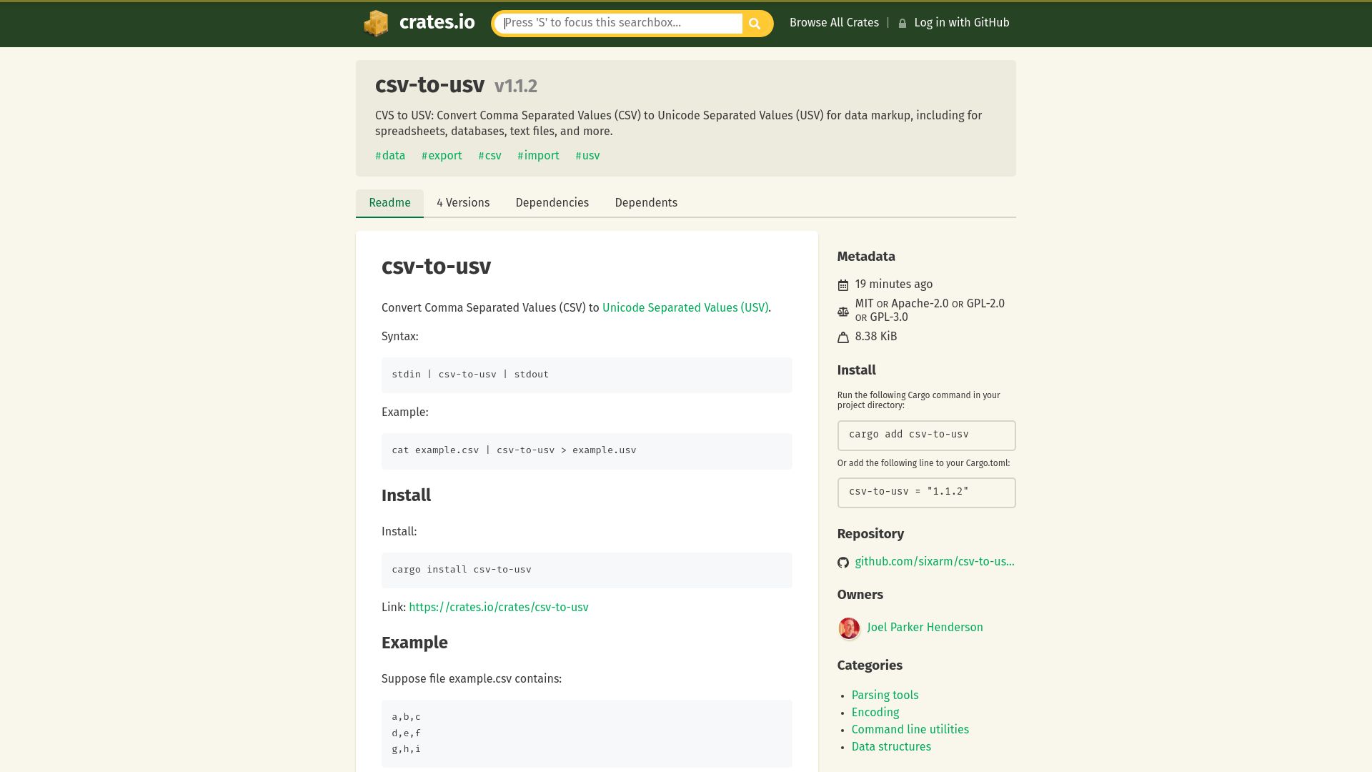 Screenshot of crates.io: Show HN: Comma Separated Values (CSV) to Unicode Separated Values (USV)